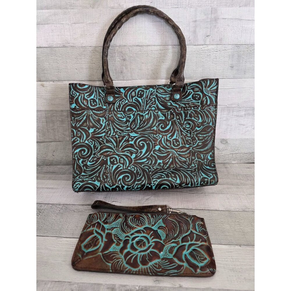 Patricia Nash Navelli Leather Tote Wristlet Set Brown & Turquoise Tooled Leather